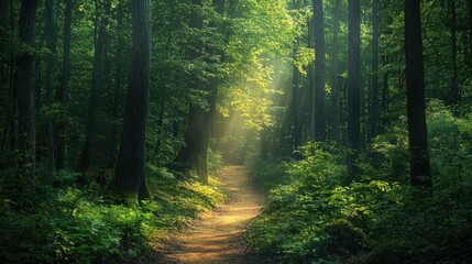  Serene Sunlight Filtering Through Lush Green Forest Pathway