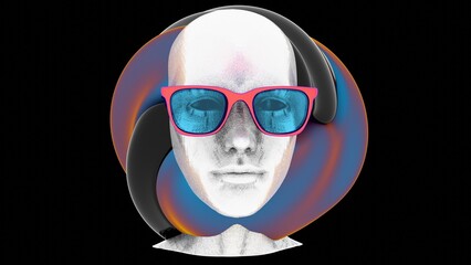 Aufkleber - Glossy black mannequins wearing vibrant color-shift sunglasses on a dark background, creating a sleek, minimal, and futuristic fashion concept........