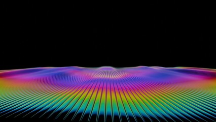 Aufkleber - Vibrant rainbow lines radiate across a dark background, forming a fluid wave-like surface with bright gradient stripes, evoking a dynamic and futuristic design........