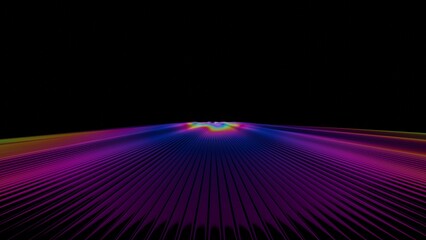 Leinwandbilder - Vibrant rainbow lines radiate across a dark background, forming a fluid wave-like surface with bright gradient stripes, evoking a dynamic and futuristic design........