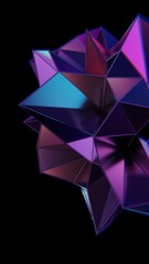 Poster - Multi-faceted polyhedron with purple and teal triangles on a black background, reflecting a glossy, futuristic style with geometric angles and a color shift........