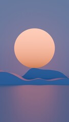 Poster - Minimal abstract scene with a large orange sun and rolling blue waves against a purple sky, creating a dreamy, surreal landscape with soft curves and serene tones........