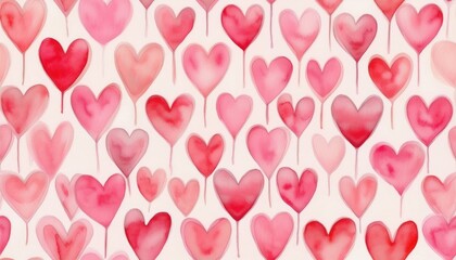 Poster - watercolor red and pink heart pattern with soft pastel background, seamless romantic texture for valentine's day designs

