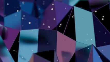 Poster - Vibrant polygonal shapes in purple and teal with scattered white particles, creating a modern 3D abstract design that fuses geometric facets and luminous surfaces.