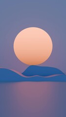 Aufkleber - Minimal abstract scene with a large orange sun and rolling blue waves against a purple sky, creating a dreamy, surreal landscape with soft curves and serene tones.