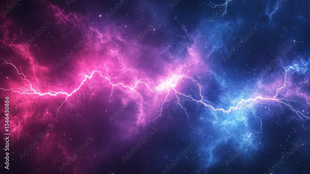 Breathtaking cosmic storm with vibrant pink and blue gradients, lightning bolts, and starry nebula background
