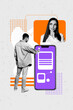 © deagreez - Trend template sketch design 3D photo collage of young man stand touch smartphone display young lady smile online date app text chatting
