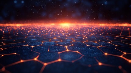 Wall Mural - Warm light illuminates vibrant hexagonal network glowing softly across dark expanse. AI Generated