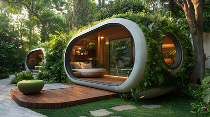 Fototapete - A modern, eco-friendly home design featuring rounded structures surrounded by lush greenery, blending nature with contemporary architecture