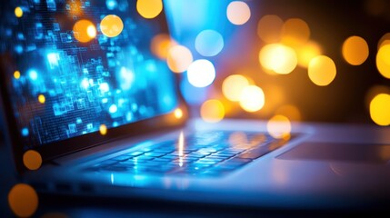Laptop screen glowing, data, bokeh lights, night, tech