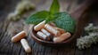 © Egriva - Herbal capsules wooden spoon, rustic wood background, natural medicine, health supplement