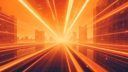 Poster - Abstract world of technology through a orange geometric lens, where lines and shapes converge to create a futuristic landscape