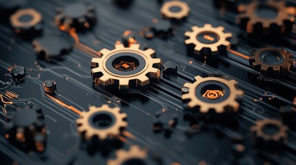 Fototapete - Abstract Mechanical Gears Design with Data Streams and Technology Elements