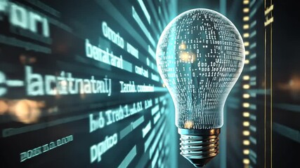 Innovative digital solutions concept with glowing light bulb and binary code flow