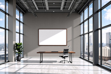 Poster - Modern office space with large windows and city view. Desk, chair, and blank whiteboard in minimalist room. Natural light fills interior.