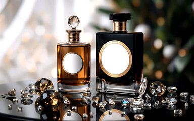 Poster - Elegant perfume bottles in brown and black hues sit on a reflective surface, surrounded by sparkling diamonds, evoking luxury and sophistication.