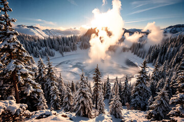 Poster - Snowy mountain valley vista with sunlit peaks breaking through clouds. Evergreen trees covered in snow frame a breathtaking winter landscape.