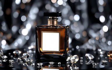 Poster - Elegant square perfume bottle with a blank white label sits on a reflective black surface surrounded by scattered diamonds. Bokeh lights create a soft, glamorous backdrop.