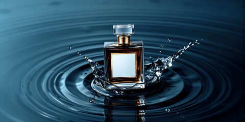 Leinwandbilder - Elegant perfume bottle with a blank label placed in rippling water, creating a splash. The scene evokes freshness and luxury with its clean, aquatic feel.