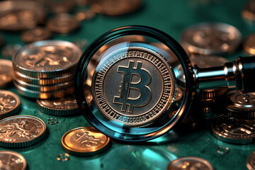 Aufkleber - Focus on digital currency with a magnifying glass highlighting a Bitcoin coin amidst a pile of other generic coins on a green surface.