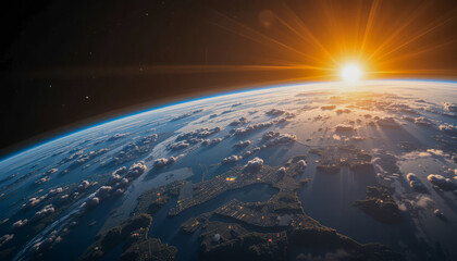 Wall Mural - Sunrise over Earth featuring a view of a bay with scattered clouds from space
