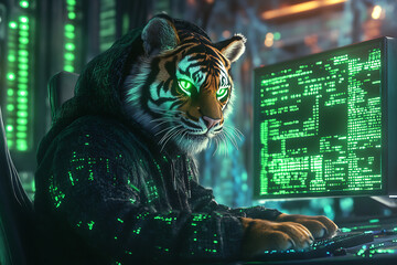 A cybernetic tiger in a hoodie sits at a computer, surrounded by green code in a futuristic setting