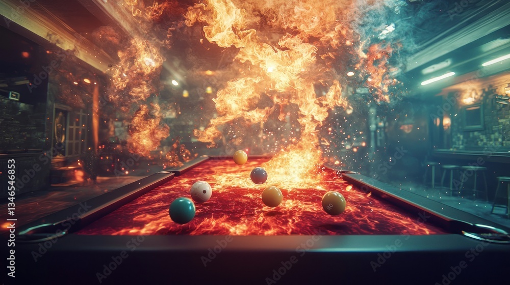 Pool Table Rage Fiery pool table scene with balls engulfed in flames Stock Photo ...