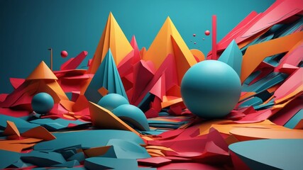 Colorful abstract three dimensional shapes and spheres in landscape