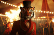 © Bakwan - A majestic tiger wearing a top hat and formal attire stands confidently in a vibrant circus, surrounded by performers and flames in the background