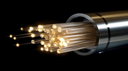 Poster - A close-up shot of a fiber optic cable connector with light visibly streaming through, highlighting the precision and beauty of the technology.