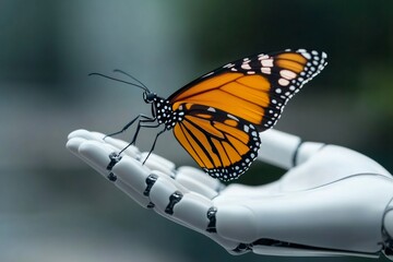 Poster - Monarch butterfly standing on a robotic hand, artificial intelligence meets nature