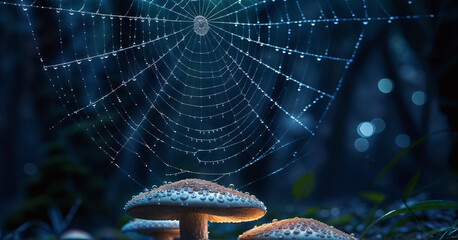 Macro shot of dewy spider web over mushrooms in a mystical forest, capturing intricate details and magic.