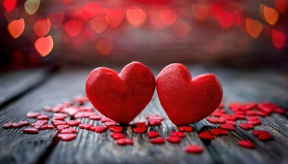 Poster - two red heart shaped chocolates on rustic wooden surface with blurred romantic bokeh background