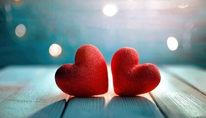 Poster - romantic red heart decor on wooden surface with soft sunlight and bokeh effect, symbolizing love, passion, and harmony

