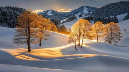 Wall Mural - rolling snow-covered hills illuminated by the golden glow of the setting winter sun.