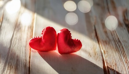 Poster - two red fabric hearts on rustic wooden surface with warm sunlight and soft shadows, symbolizing love, romance, and affection

