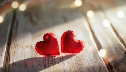 Poster - two red fabric hearts on rustic wooden surface with warm sunlight and soft shadows, symbolizing love, romance, and affection

