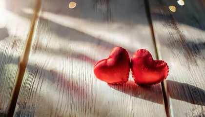Poster - two red fabric hearts on rustic wooden surface with warm sunlight and soft shadows, symbolizing love, romance, and affection

