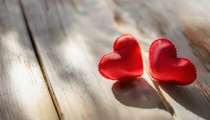 Poster - two red fabric hearts on rustic wooden surface with warm sunlight and soft shadows, symbolizing love, romance, and affection

