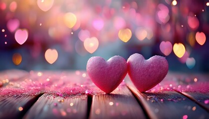 Poster - romantic pink hearts on wooden surface with bokeh lights, love symbol for valentine's day, wedding, anniversary, dreamy mood


