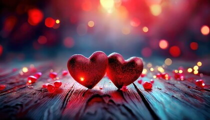 Poster - romantic glowing red hearts on rustic wooden surface with bokeh lights, perfect for valentine’s day and love themed designs

