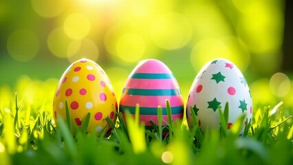  Three painted Easter eggs, on a spring day on a green meadow, in bright sunlight.