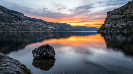 Wall Mural - Stunning sunset reflections over tranquil lake scenic landscape natural beauty serene environment wide angle view