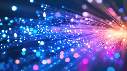 Poster - The connector of a fiber optic cable emits bright light as individual fibers shine with intensity, creating a futuristic and vibrant image.
