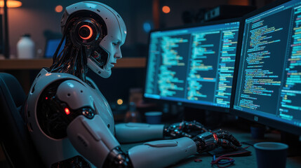 humanoid robot working on computer programming in dimly lit environment, surrounded by screens displaying code