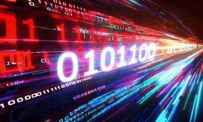 Wall Mural - Binary digits creating a holographic effect on a dark background