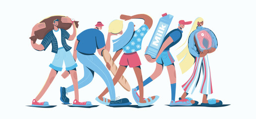 Wall Mural - grocery store shopping concept in cartoon web design. people buying sausages, meat, milk, bread loaf