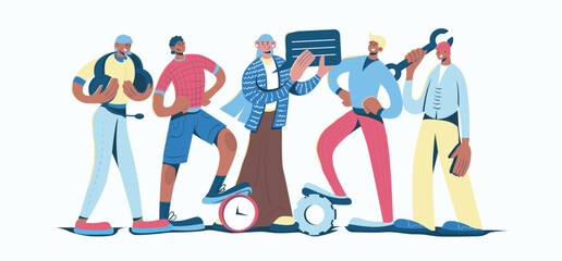 Aufkleber - Customer support concept in cartoon web design. People working at call service, communicating with clients, giving consultations and assistance. Flat vector illustration isolated on white background.