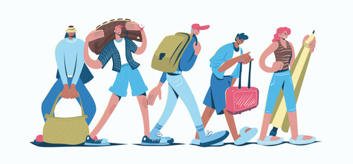 Aufkleber - Travelling concept in cartoon web design. People with suitcase, backpack and luggage bag go in vacation, holiday trip and travel recreation. Flat vector illustration isolated on white background.