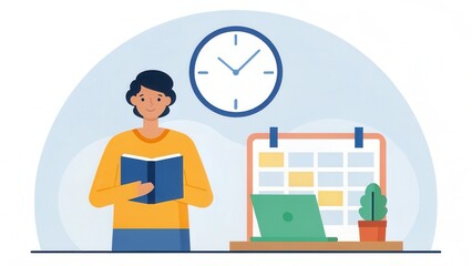 Aufkleber - A person reading a book with a calendar and laptop in a workspace setting.